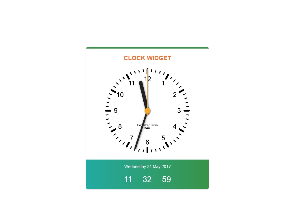 Адаптивный виджет с часами на сайт, предоставляется полная информация о текущей дате, день, месяц, год, аналоговые и цифровые часы, готовое демо для Bootstrap.