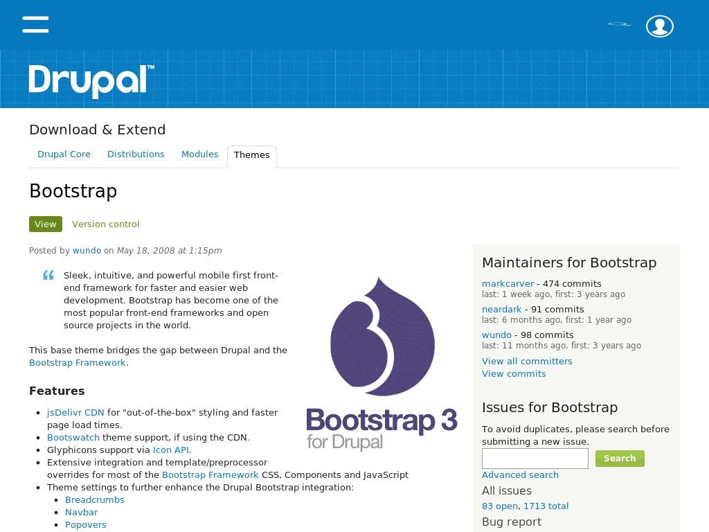 Фреймворк Bootstrap 3 для хостинга Drupal, предлагаются исходные файлы 7 и 8 версий для скачивания.