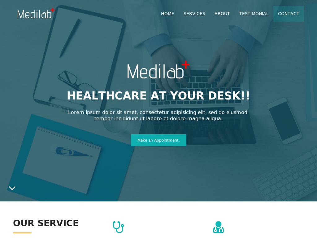 Медицинский шаблон визитка, HTML страница с мобильной вёрсткой Bootstrap 3 и адаптивным дизайном, добавлен эффект Parallax.