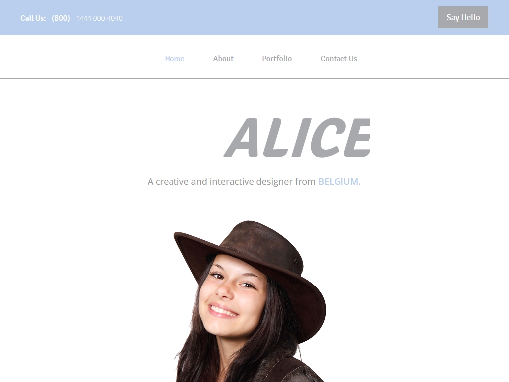 Адаптивный шаблон персональное портфолио Алисы, HTML страница на мобильной вёрстке Bootstrap 3 с использованием Easing и Chocolat.