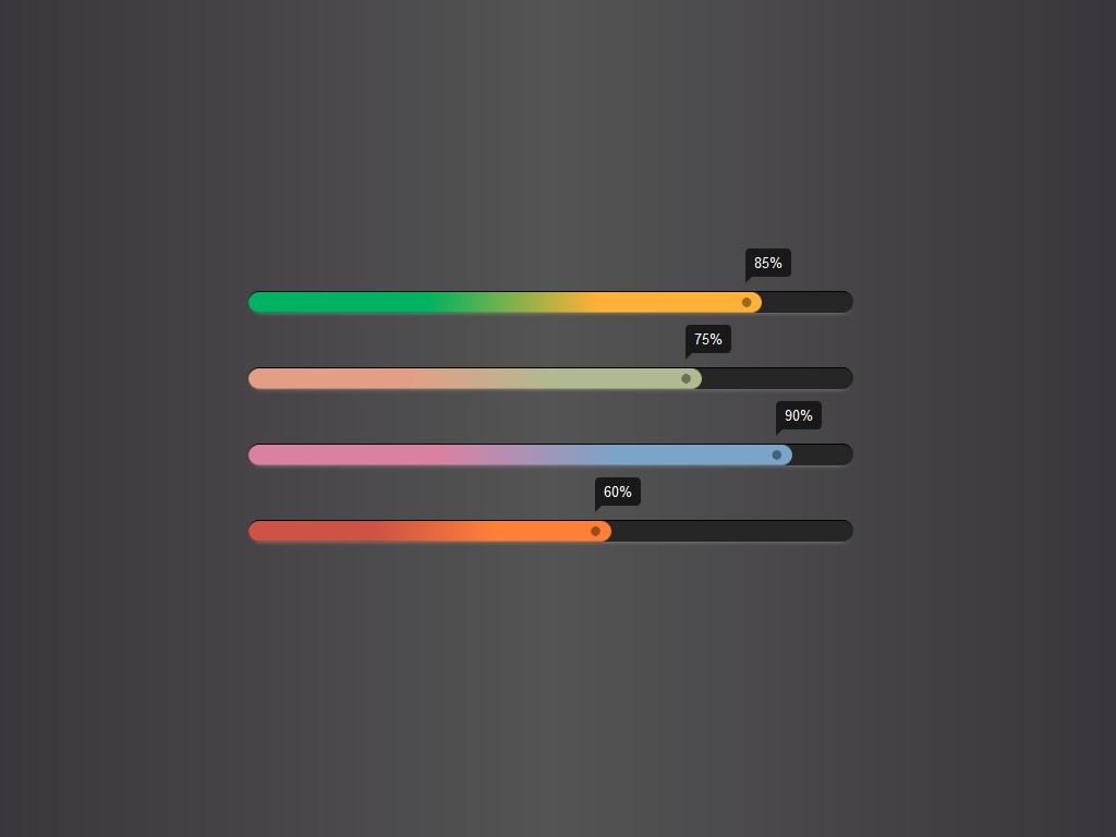 Прогресс-бар с разноцветными linear-gradient строками прогресса, готовый CSS демо пример для использования на сайте с подключенным Bootstrap и Font Awesome.