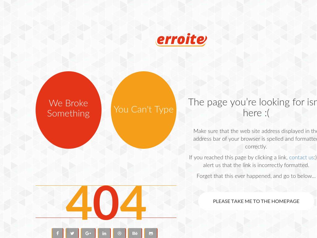 Адаптивная страница ошибки 404 на фреймворке Bootstrap3 для сайта, светлый дизайн с цветными компонентами и кнопками соц сетей.