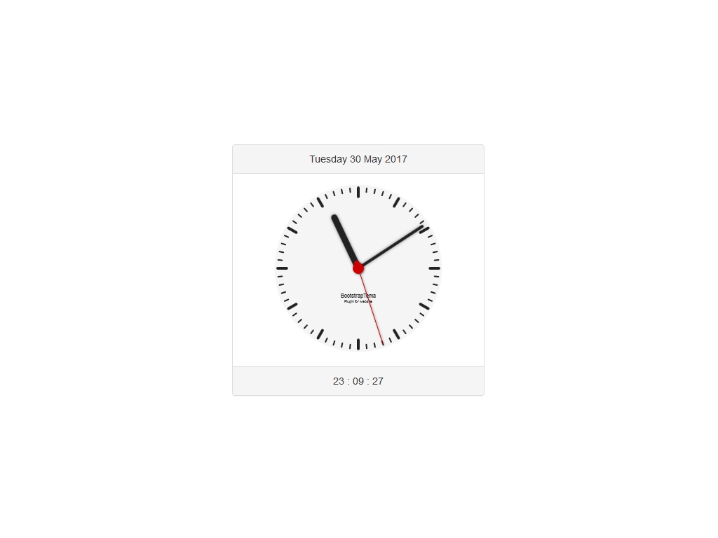 Часики из элемента Panel фреймворка Bootstrap 3 для сайта, показывают календарную дату, аналоговые и цифровые часы, готовый демо пример для установки на сайт с подключенным Bootstrap.