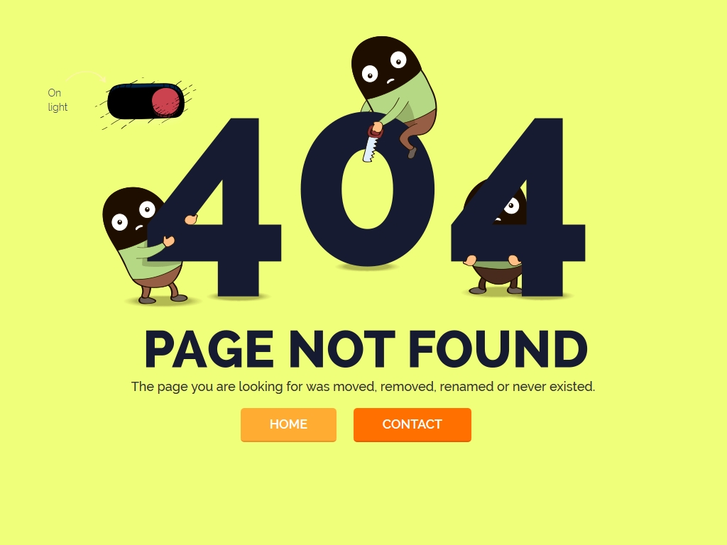 Юмористичная страница ошибки 404 с адаптивным содержимым, добавлен прикольный эффект включения света с изменением содержания доставляющего улыбку, вёрстка шаблона Bootstrap 3.
