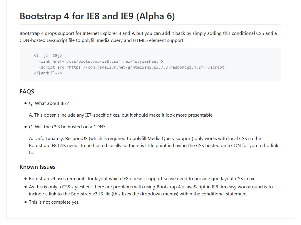 Плагин поддержки Bootstrap 4 для Internet Explorer 8 и 9, для 7 версии IE доступен более презентабельный вид элементам фреймворка.