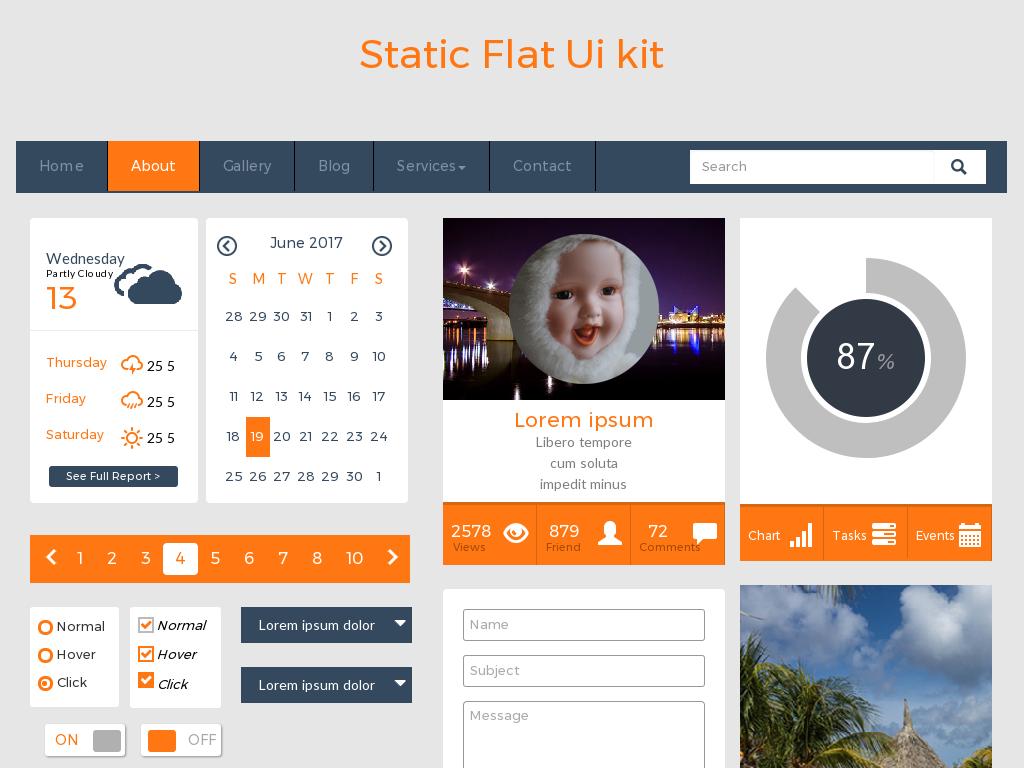 Ui Kit шаблон с готовыми компонентами для использования на своём сайте, адаптивный дизайн элементов в отзывчивой разметке Bootstrap 3.