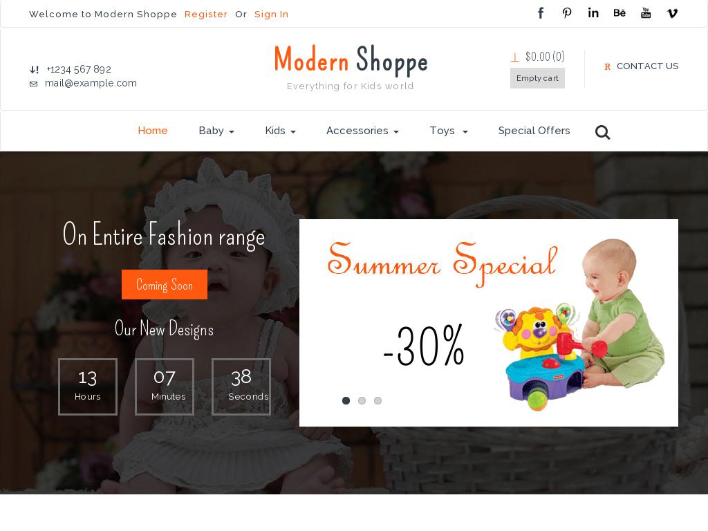Шаблон магазина для сайта продающего детские вещи и принадлежности, использована анимация компонентов, предлагается 10 готовых HTML страниц сделанных на Bootstrap 3.