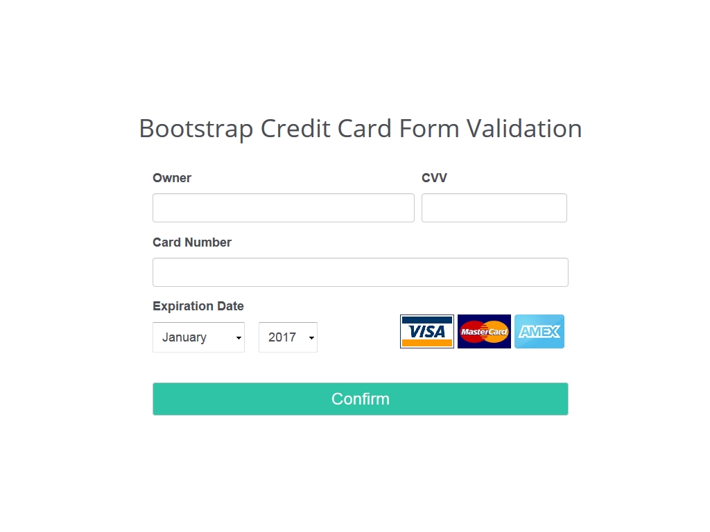 Готовый адаптивный виджет кредитной карты с валидатором вводимых данных для сайта с подключенным Bootstrap 3 и jQuery.