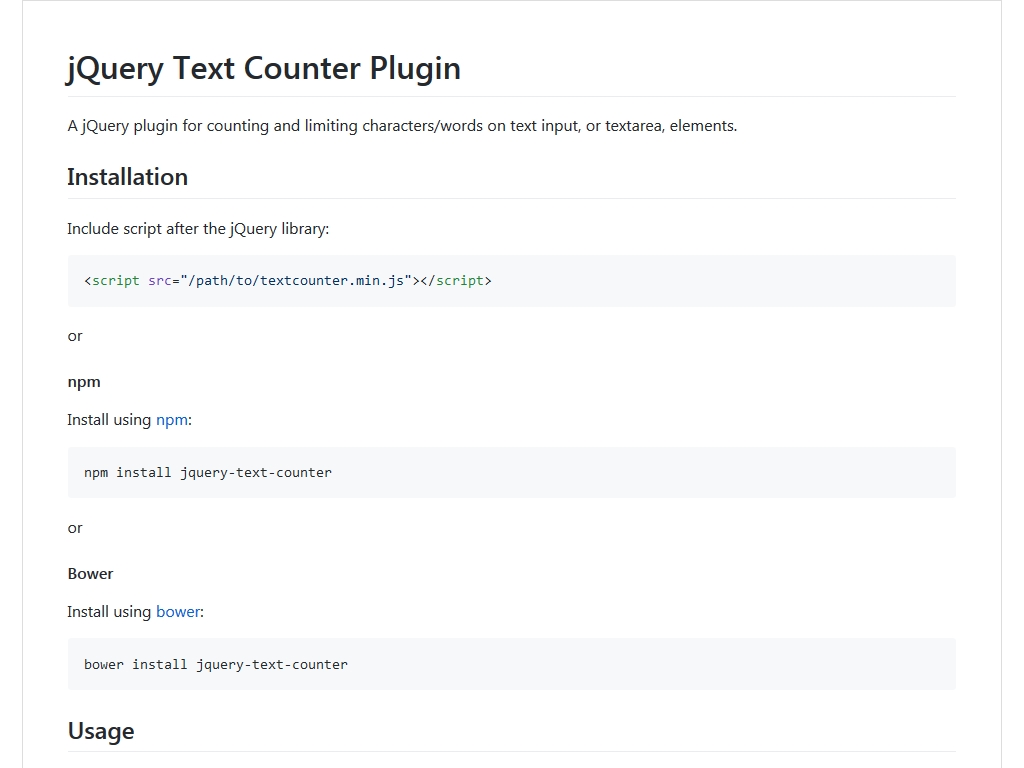 jQuery плагин добавления счётчика вводимых символов в поля input и textarea, можно установить ограничения ввода, подходит для использования с Bootstrap.