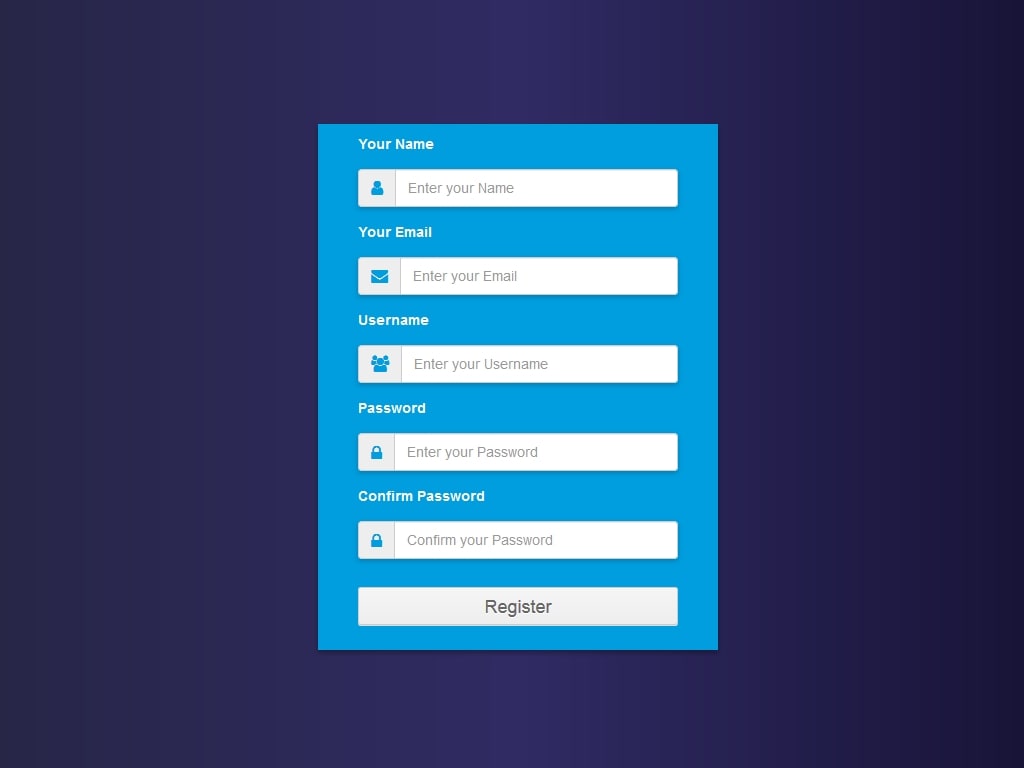 Адаптивная голубая форма регистрации для сайта, используется разметка Bootstrap и иконки Font Awesome, HTML & CSS элемент на Ваш сайт.