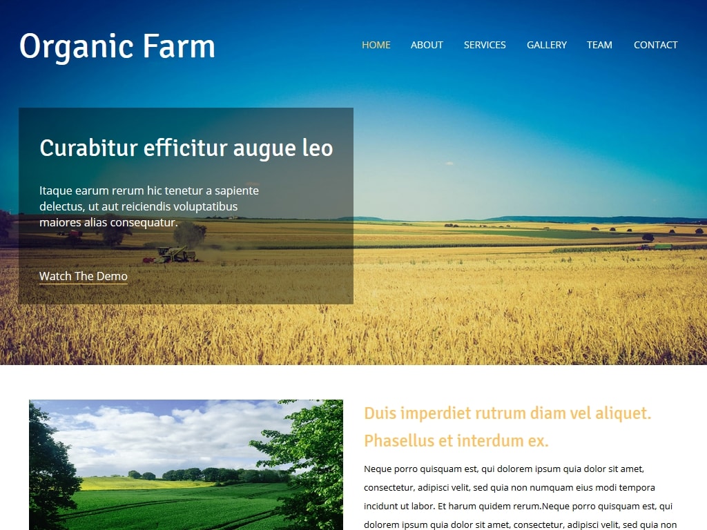 Фермерский адаптивный HTML шаблон на отзывчивой вёрстке Bootstrap 3 с компонентами выделяющимися жёлтым цветом, добавлена галерея фото, форма связи и CSS эффекты.