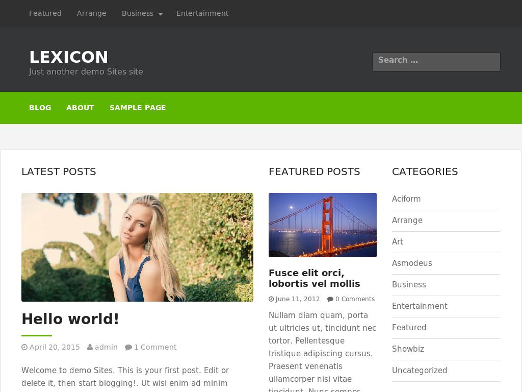 WordPress шаблон для блога с набором готовых страниц на вёрстке Bootstrap 3, выделяется зелёными элементами.