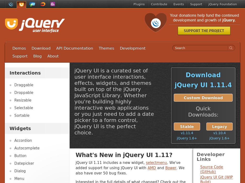 Версия 1.11.4 плагина jQuery UI с широкими возможностями которые можно использовать для элементов и компонентов на сайте с Bootstrap.