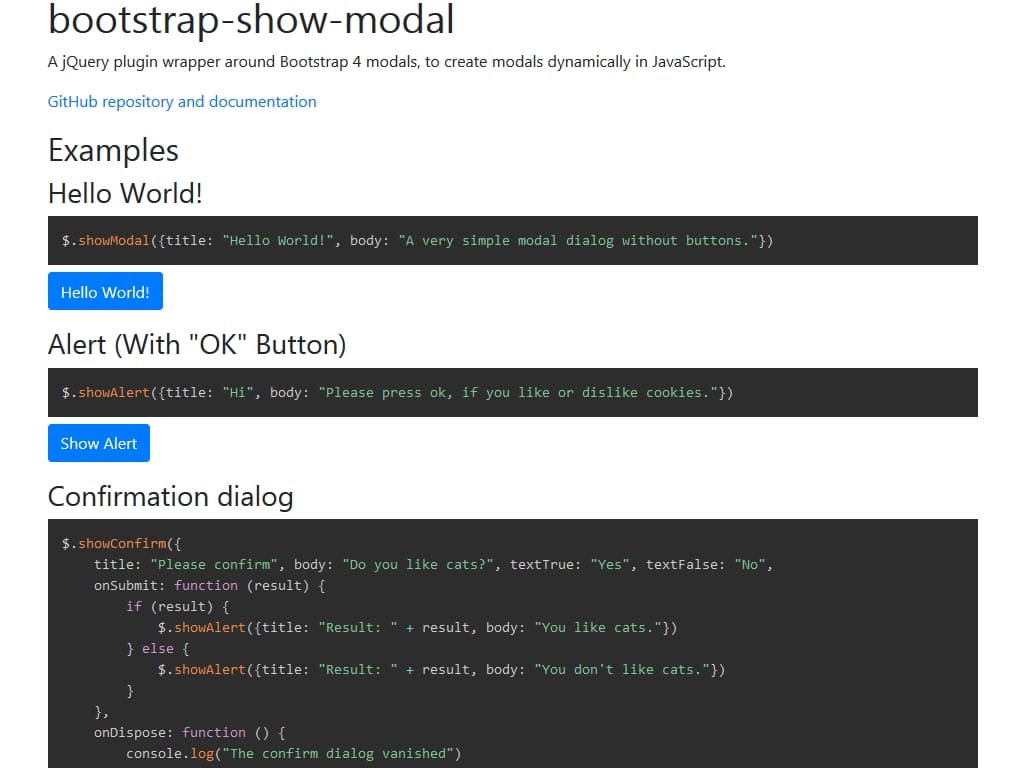 Плагин jQuery для создания модальных окон Bootstrap в чистом JavaScript, Вы можете осуществлять запуск используя собственные параметры..