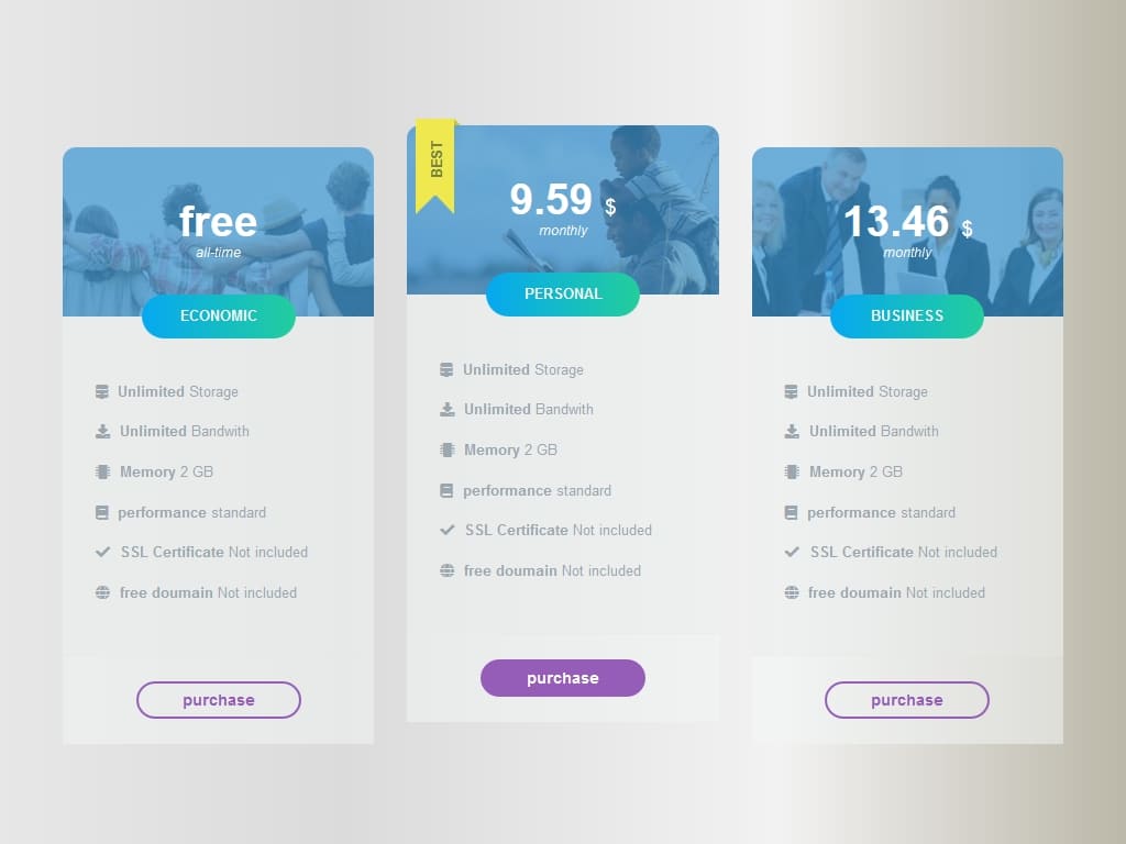 A set of beautiful price lists with pictures, icons and hover effect, highlighted with a ribbon labeled best, responsive element, made for Bootstrap.