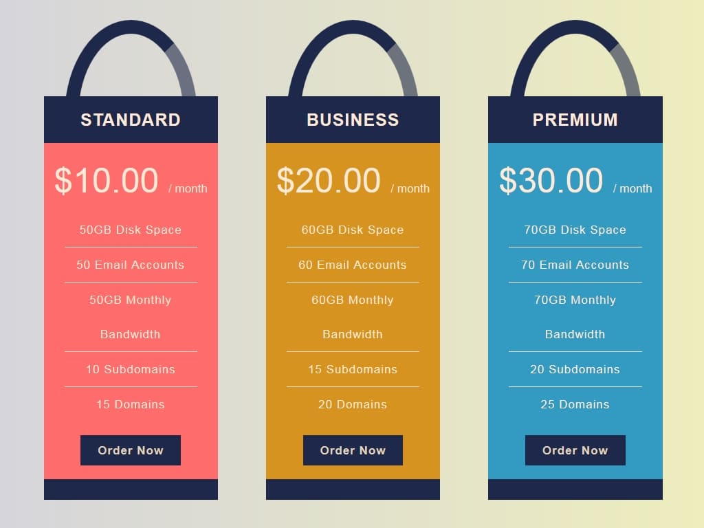 Оригинальный стиль прайсов, напоминающих набор цветных сумок на которых отображается информация о ценообразовании, их просто установить на свой сайт и при необходимости внести изменения.