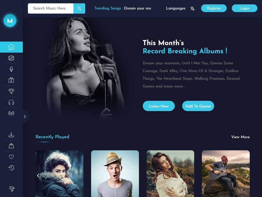 Интернет магазин музыки, чистый адаптивный HTML шаблон, подходящий для музыкального бизнеса или онлайн трансляции музыки, шаблон содержит две версии, светлую и темную.