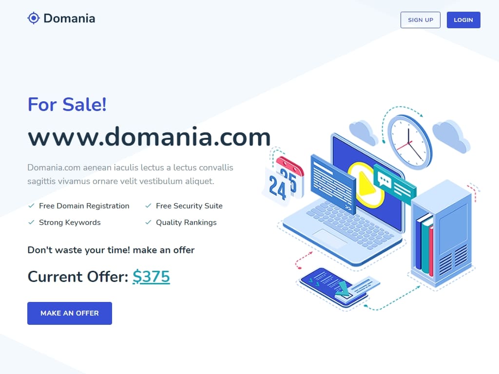 HTML шаблон для продажи и покупки домена, одностраничный шаблон домена для частных лиц и компаний, которые предлагают веб сайты, мобильные приложения или любые другие услуги по продаже доменов.