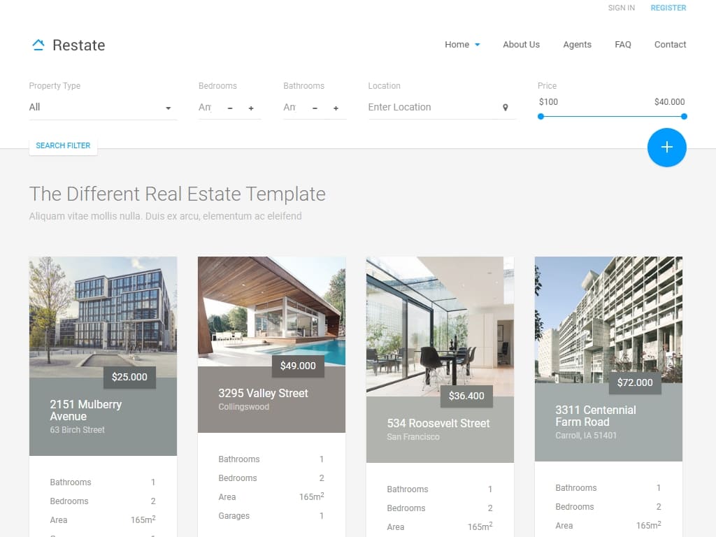 Красиво оформленный HTML шаблон недвижимости с материальным дизайном, готов предоставлять пользователям новые возможности при просмотре сайта о недвижимости.