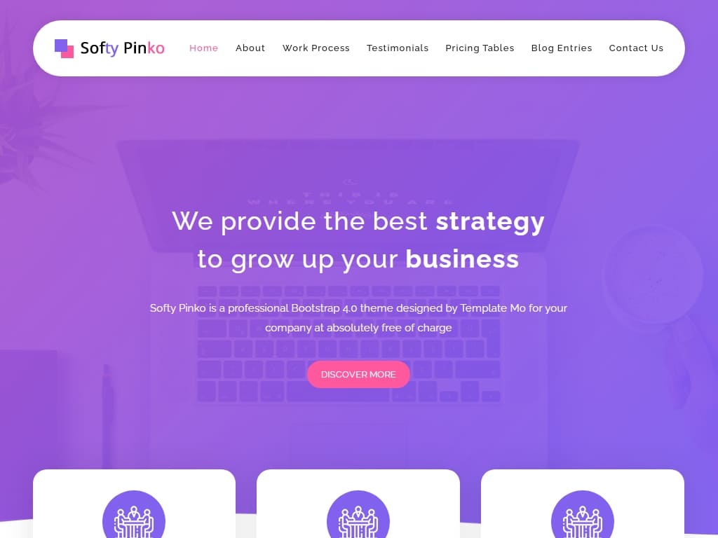 Тема Bootstrap 4.0, разработанная для вашего бизнеса или сайта цифрового маркетинга, имеет красивый розовый фиолетовый градиент фона заголовка.