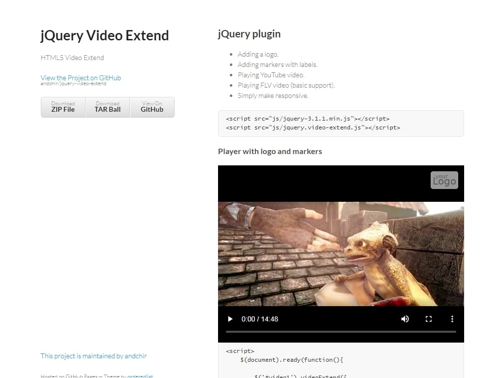 Бесплатный плагин добавляет на видео логотип или маркеры с этикетками, поддерживается HTML5 Video, видео с YouTube, видео в формате FLV, демо демонстрация с использованием Bootstrap.