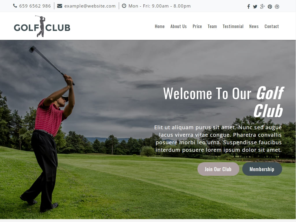 Одностраничный адаптивный Bootstrap шаблон, для занятий спортом, клуба, поля для гольфа, практики гольфа, членства в гольф клубе.