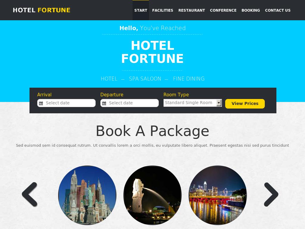 Адаптивный шаблон портфолио для сайта предоставляющего помещения отелей и гостиниц, используются готовые HTML страницы сформированные на плагине Bootstrap 3