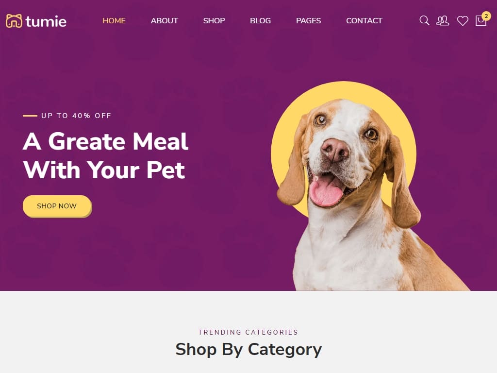 Шаблон веб-сайта электронной коммерции по продаже кормов для домашних животных, украшен 26 страницами HTML с двумя уникальными вариантами домашней страницы.