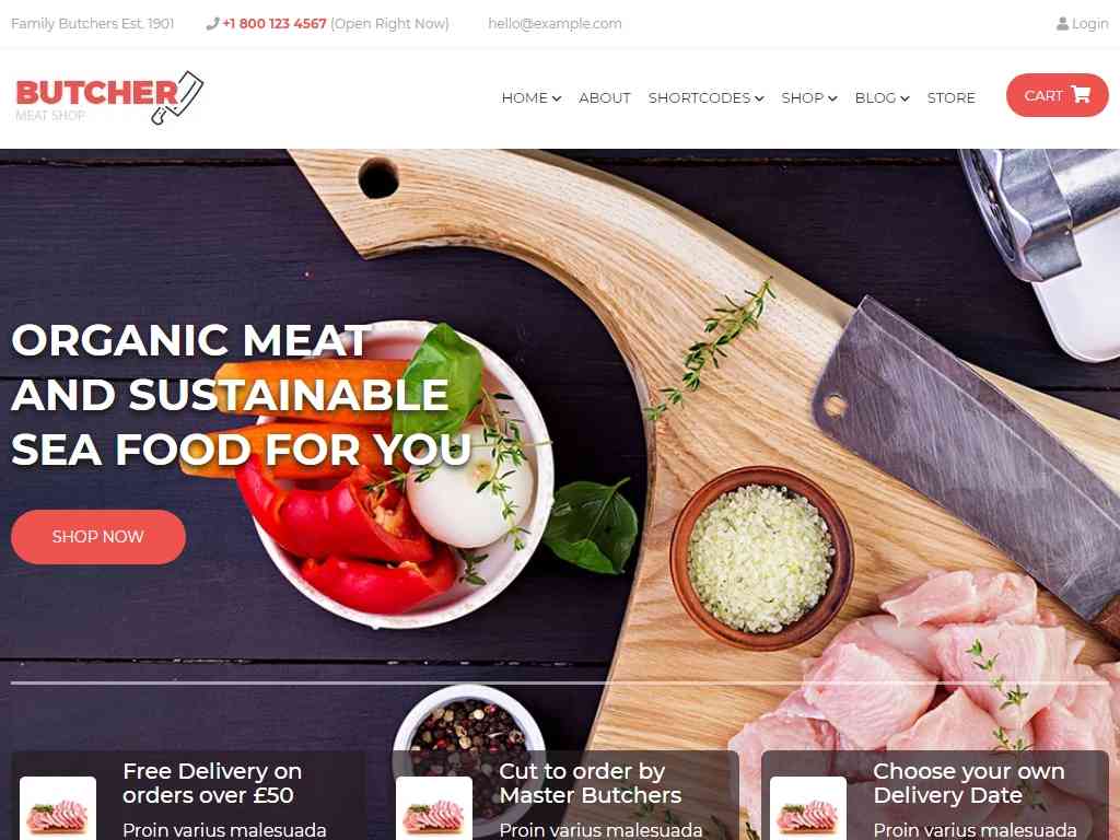 HTML шаблон электронной коммерции мясного магазина в интернете, сделаны необходимые страницы демонстрации и взаимодействия с посетителями, создан на адаптивной сетке Bootstrap.