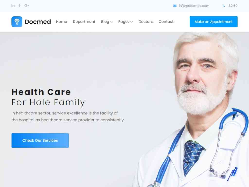 Бесплатный шаблон для сайта здравоохранения, подходит для всех медицинских сайтов посвященных врачам, шаблон полностью адаптивный и оптимизирован для разных браузеров.