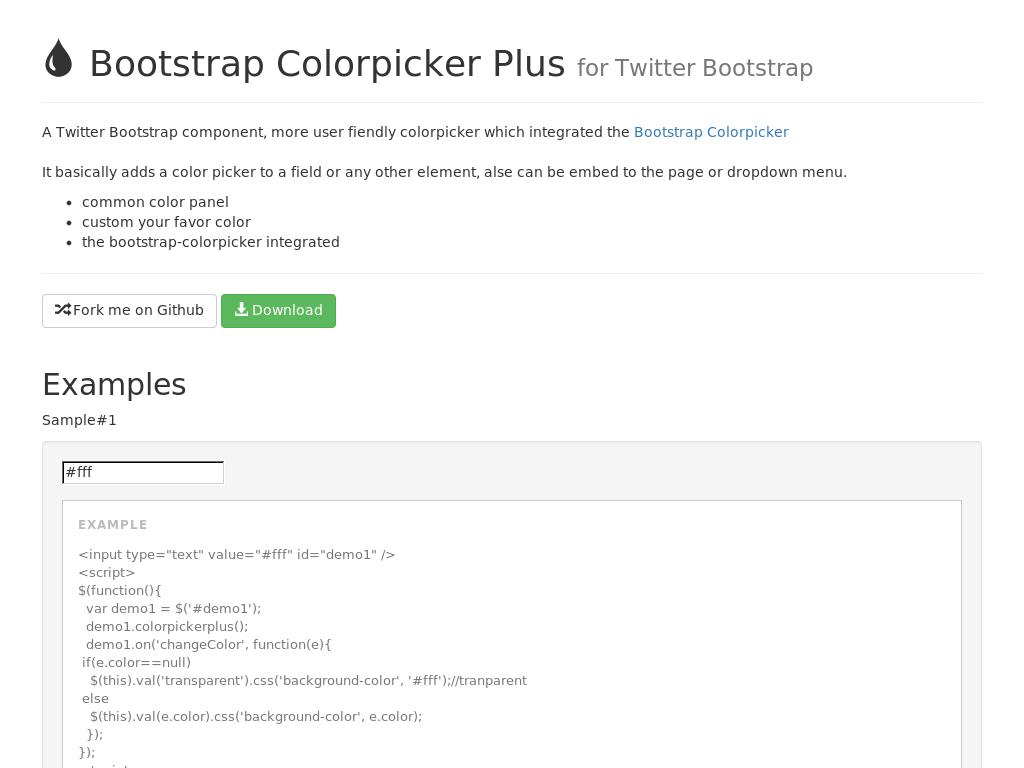 Плагин добавляет полю input возможность выбора цвета, прост в применении, используется с базовыми элементами Bootstrap.