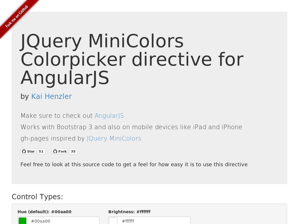 Плагин использования цвета в полях ввода input фреймворка Bootstrap директивами AngularJS, добавляет элемент выбора цвета и позиционирует его.