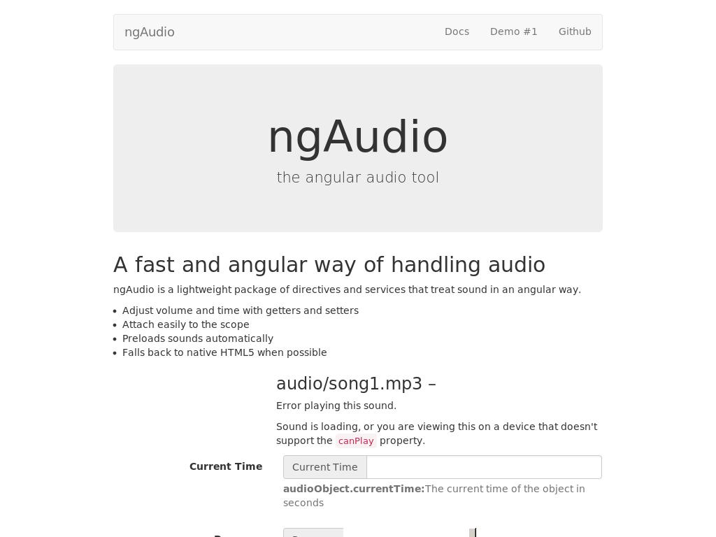 Аудиоплагин AngularJS для использования функционального аудиоплеера на базовых элементах Bootstrap, со стандартным дизайном.