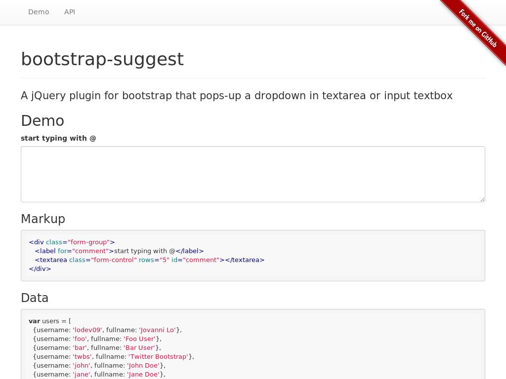 Добавление выпадающего списка с пользователями при вводе в текстовое поле через @, плагин для Bootstrap.