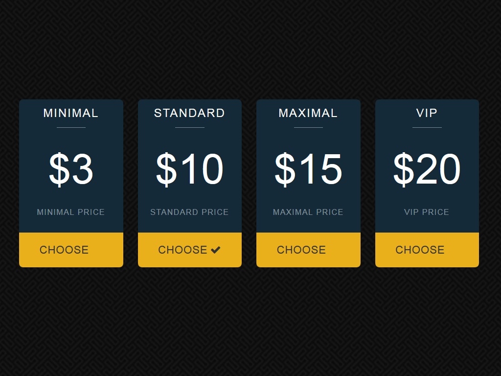 Таблица прайсов состоящая из 4 блоков указывающих параметры выбора стоимости, используется адаптивная вёрстка Bootstrap.