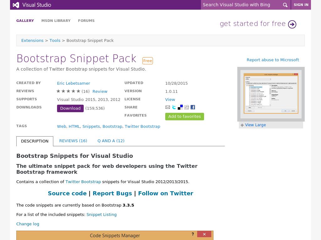 Коллекция сниппетов Bootstrap для использования в Visual Studio - 2015, 2013, 11, предлагается архив для бесплатного скачивания.