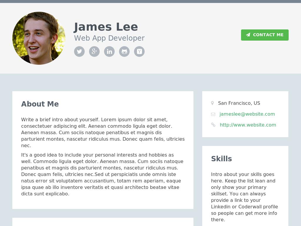 Персональная страница пользователя, одностраничный адаптивный шаблон лендинга для сайта Bootstrap 3.