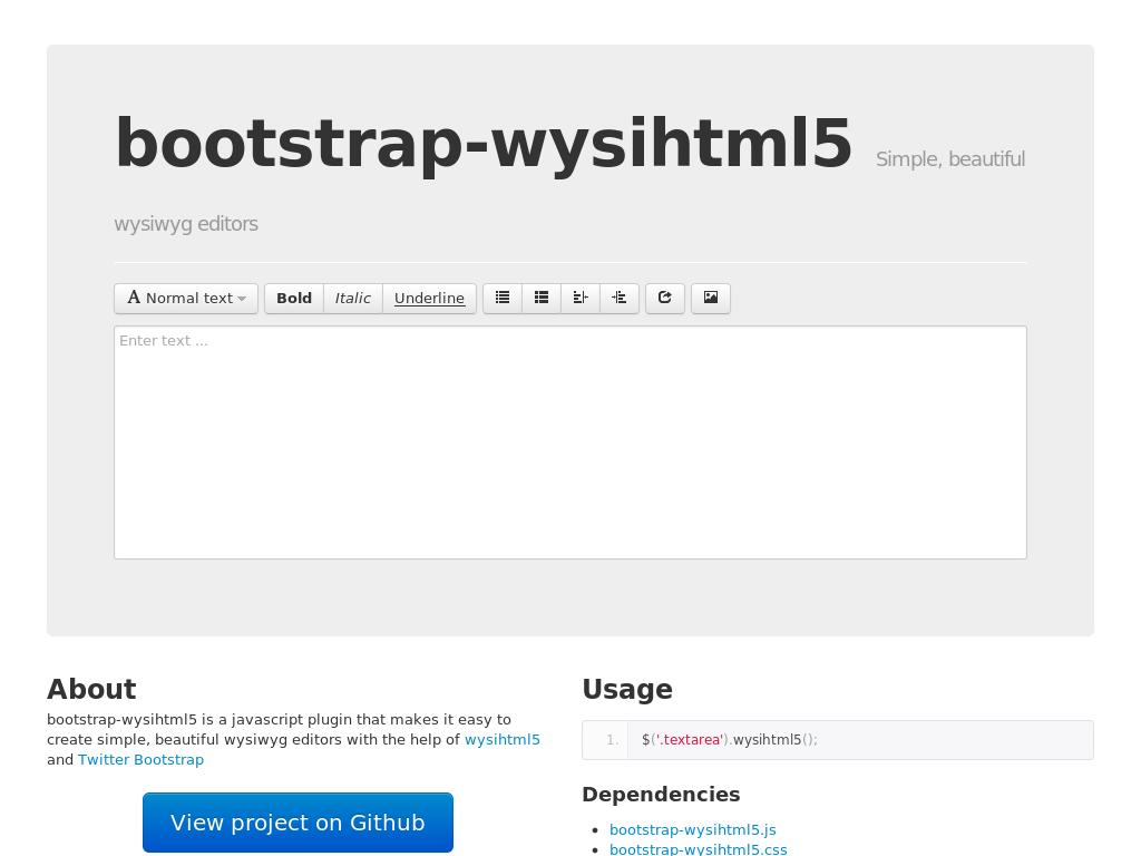 Плагин добавления wysiwyg редактора для сайта с Bootstrap, имеет минимум настроек и простоту установки.
