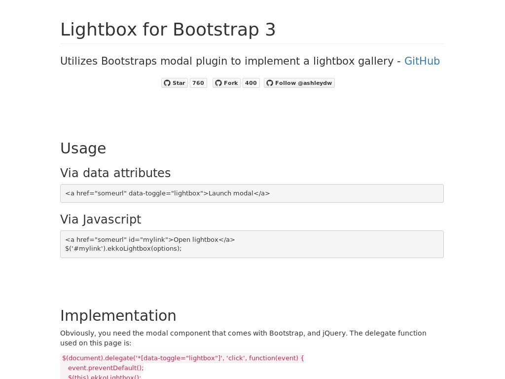 Лайтбокс для Bootstrap 3 поможет загрузить в модальных окнах одиночные изображения, галерею, видео с возможностью программного вызова.