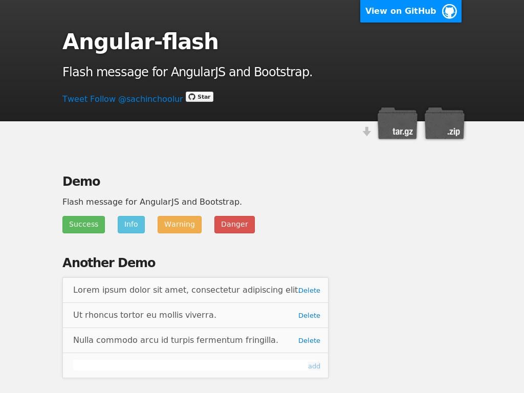Лёгкий плагин создающий модуль AngularJS для флэш сообщения используя адаптивную вёрстку Bootstrap.