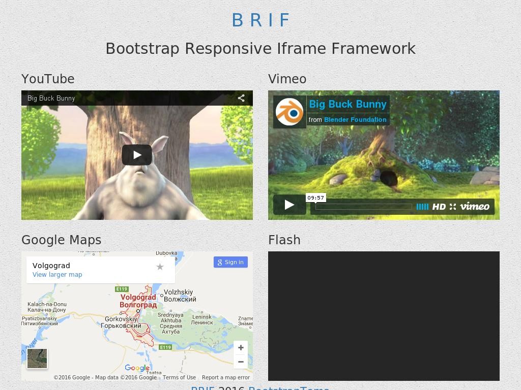 Плагин для адаптивного отображения разных элементов в IFRAME, видео, карты флэш и других с использованием вёрстки Bootstrap, происходит оптимальное выравнивание элементов фреймов.