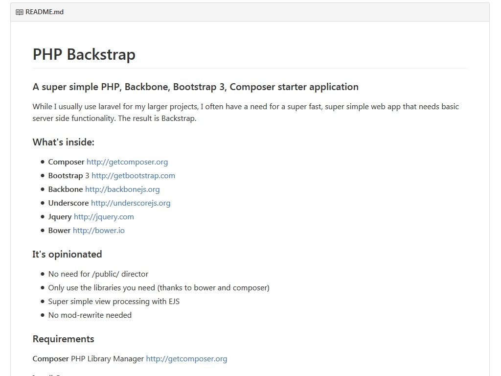 A super simple PHP, Backbone, Bootstrap 3, Composer starter application, download free.
