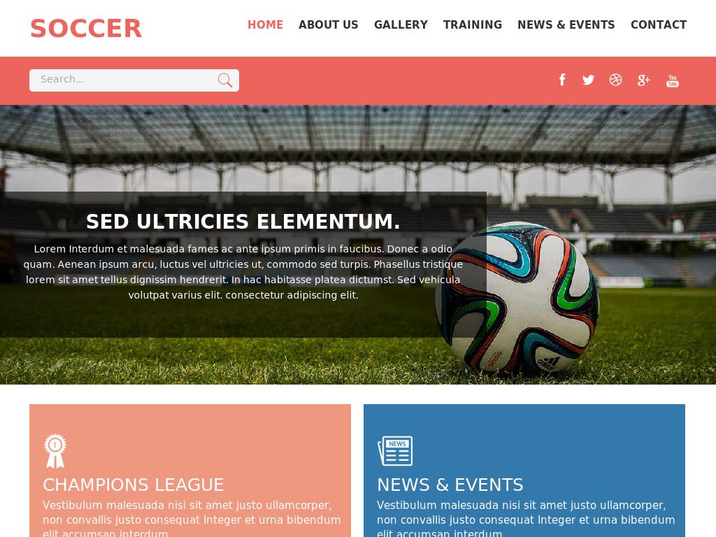 Адаптивный футбольный HTML шаблон для сайта на вёрстке Bootstrap 3, состоит из 6 готовых страниц включая галерею с оригинальным эффектом.