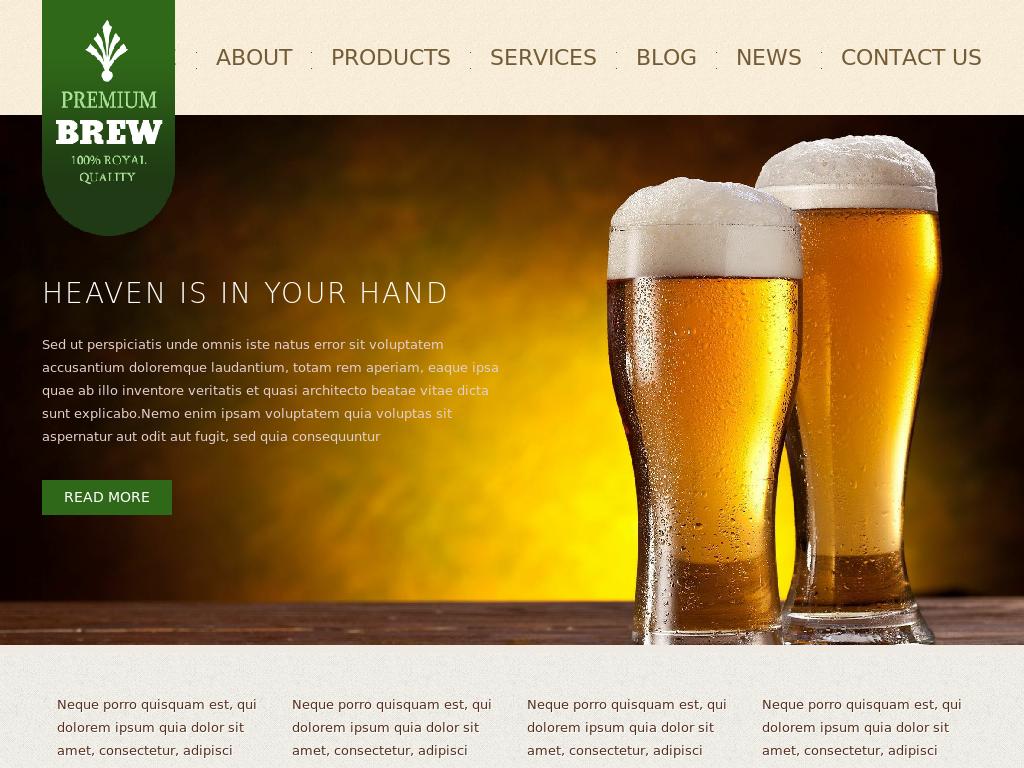 Воьмистраничный адаптивный HTML шаблон для сайта любителей пива, сделан на вёрстке Bootstrap 3 и плагинах: Easing, SwipeSox, ResponsiveSlides.