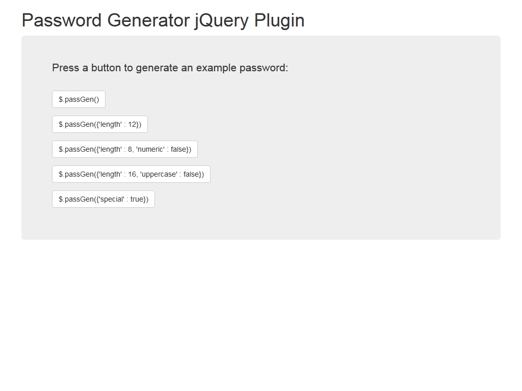 jQuery плагин генератор паролей, выбор функций генерируемого пароля, подходит для использования на сайтах с Bootstrap.
