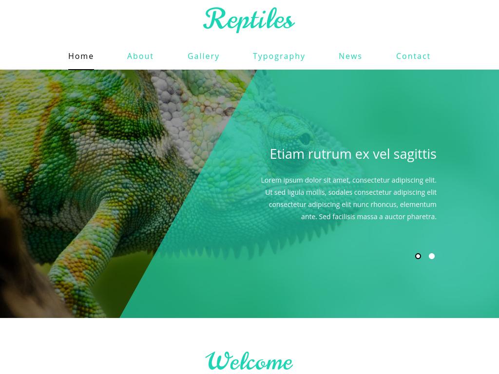 Шаблон о рептилиях для сайта, 5 HTML страниц на мобильной вёрстке Bootstrap 3, с галереей Lightbox и слайдером ResponsiveSlides.