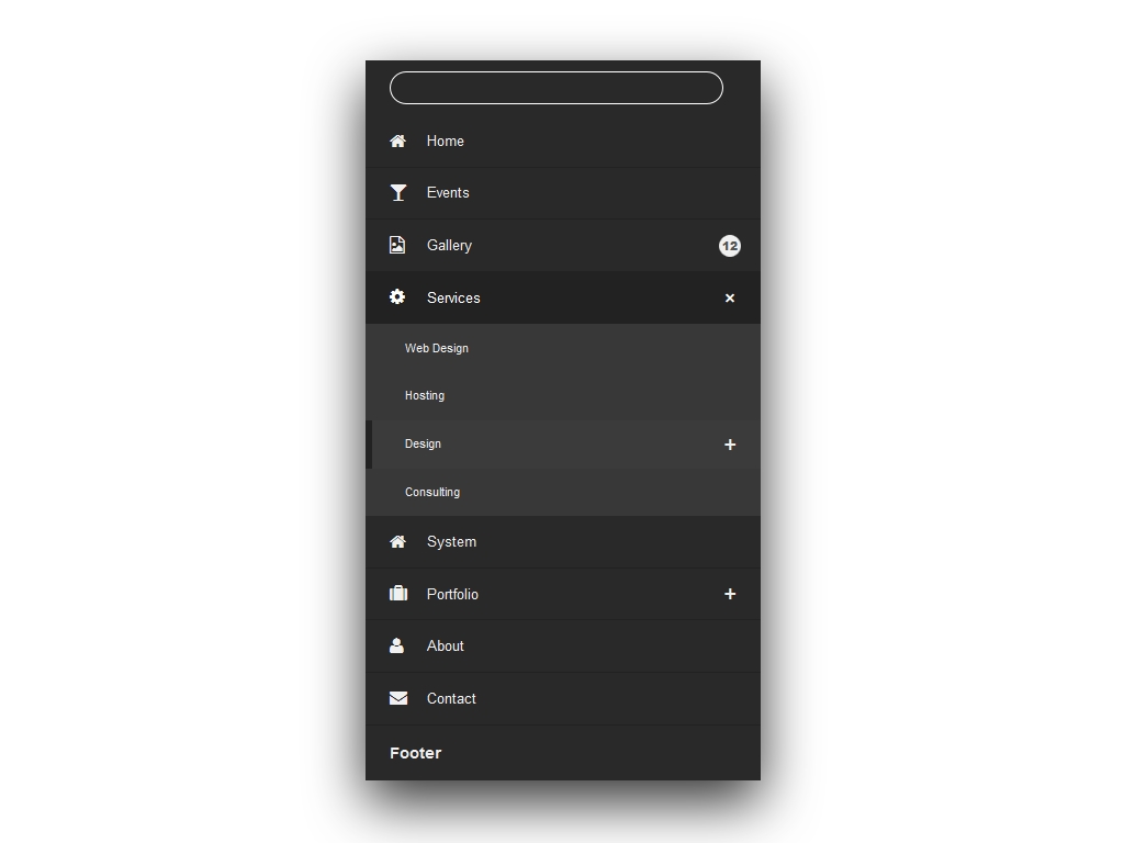 Вертикальное адаптивное jQuery меню аккордион в стиле Material Design, 5 готовых цветовых тем, встроенный фильтр поиска, многоуровневое вложение, Bootstrap демо пример.
