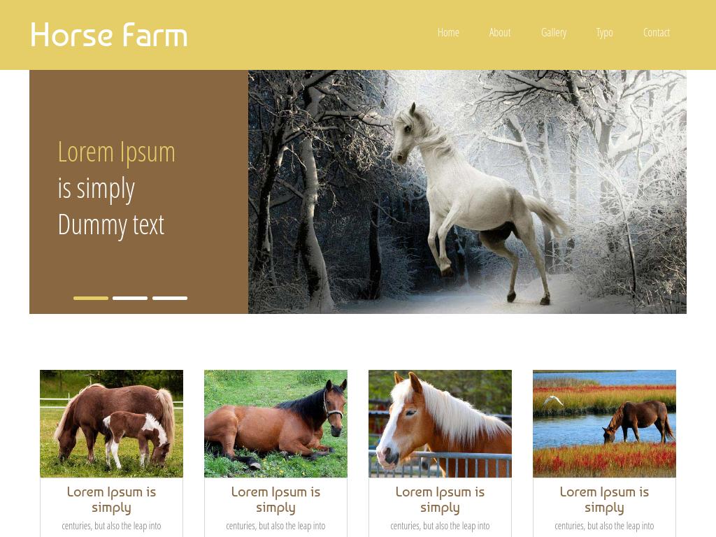 Шаблон для сайта о лошадях, 6 адаптивных HTML страниц с голереей, вёрстка Bootstrap 3, задействованы плагины SwipeBox и ResponsiveSlides.