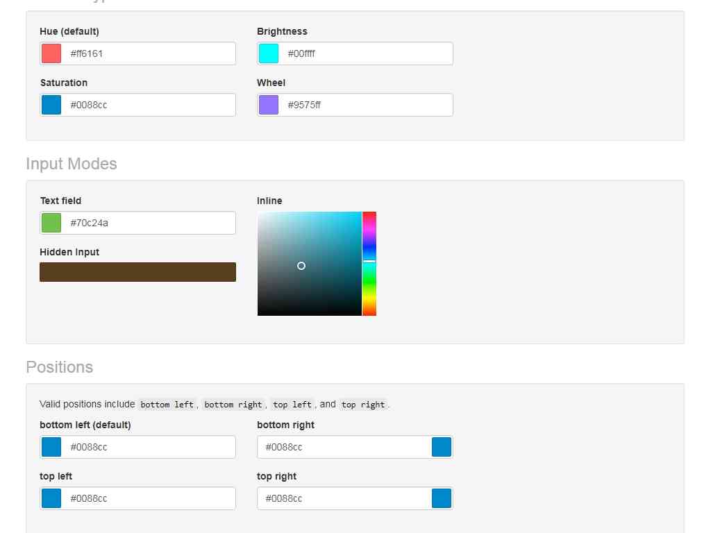 Плагин добавления цвета через элементы ввода input фреймворка Bootstrap, прост в установке и применении на сайте, большой выбор готовых элементов выбора цвета.