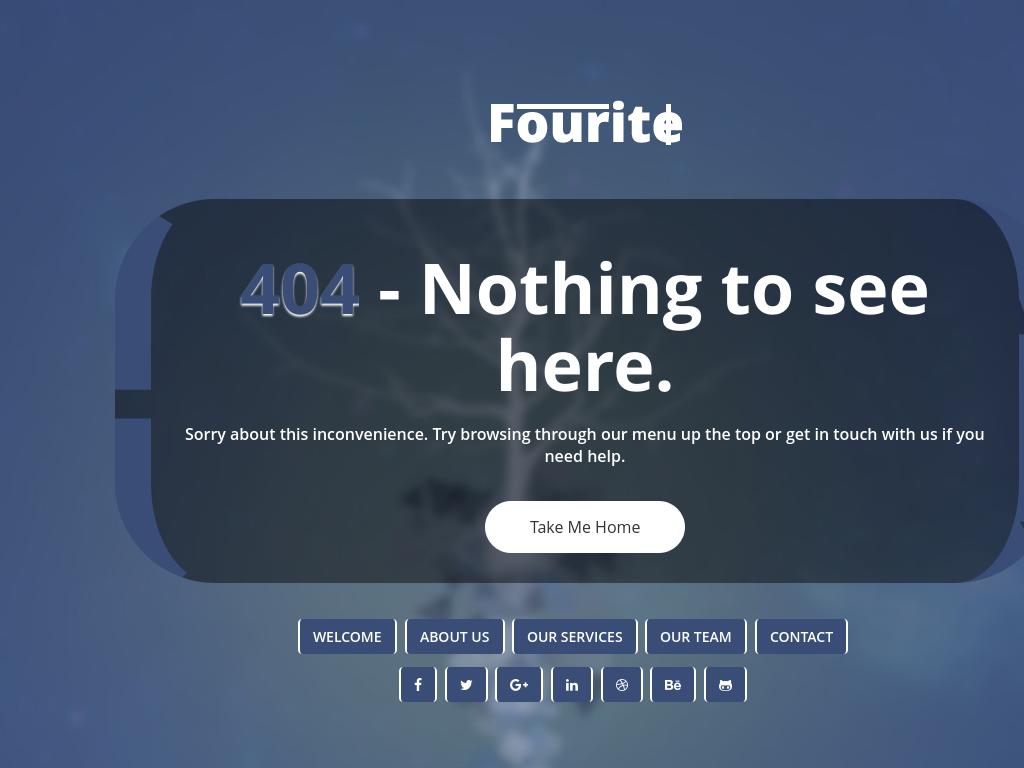 HTML страница ошибки 404 с адаптивным дизайном Bootstrap 3 и элементами информирования и перехода по ссылкам на главную страницу и соц сети.